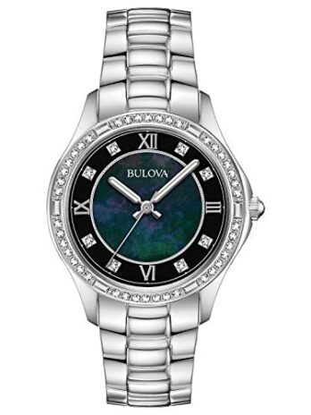 Bulova レディースクラシッククリスタルステンレススチール2針クォーツ腕時計、ブラックマザーオブパールダイヤルスタイル:96L266, Bulova。