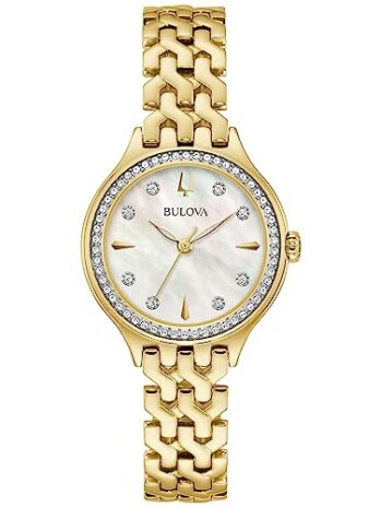 Bulova レディース クラシック 3針クォーツウォッチ クリスタルアクセント マザーオブパールダイヤル 29mm, ゴールドトーン/ホワイトマザーオブパール, クラシック, 98L312