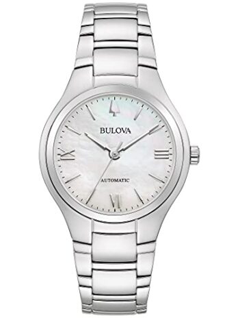 Bulova レディース クラシック 3針 自動巻き ステンレススチール 腕時計 マザーオブパールダイヤル, シルバー, 自動巻き腕時計。