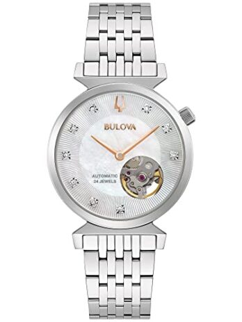 Bulova レディース レガッタ ダイヤモンド 自動 ステンレススチール オープンアパーチャウォッチ 真珠層 文字盤 スタイル:96P222, シルバー, クラシック