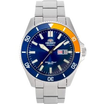 Orient”Kanno”日本製自動巻き/手巻きダイバースタイル腕時計。, ブルー/オレンジ(ステンレススチールブレスレット)。, ステンレススチールブレスレット。