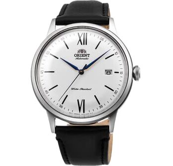 Orient「Bambino Version 6」自動巻き/手巻きドレスウォッチ, ホワイト, レザーストラップ。