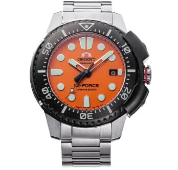 Orient メンズ 日本製自動巻き M-Force AC0L ISO 6425 ダイバーズウォッチ, オレンジ, ブレスレット