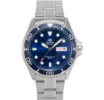 Orient メンズ ステンレススチール 日本製自動巻き/手巻き200メートルダイバースタイルウォッチ ブルー – シルバー