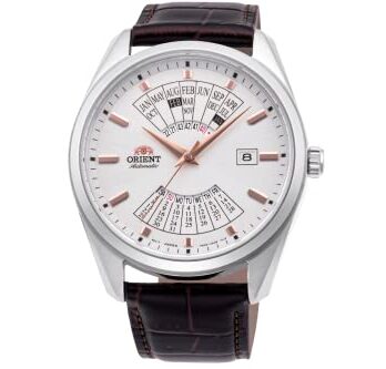 Orient マルチイヤーカレンダー 日本製自動スポーツウォッチ, ホワイト(レザーストラップ)。, レトロ。