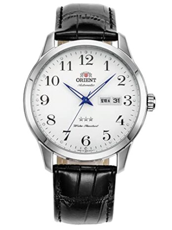 Orient Tristar 3つ星自動腕時計 男性用 クラシックホワイトダイヤル ブルー針 レザーブランド ドレスウォッチ ステンレススチール RA-AB0004S0BD、ホワイト, ホワイト, ストラップ