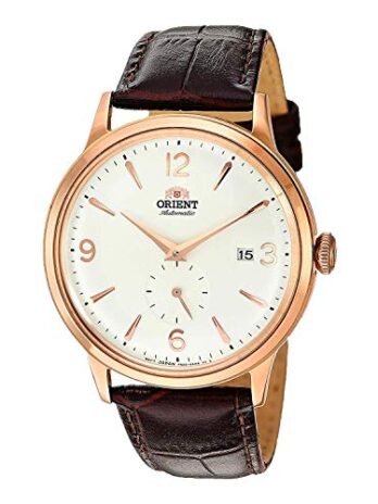 Orient メンズ “Bambino Small Seconds” 日本製自動巻き腕時計 レザーストラップ, 21mm ホワイト/ローズゴールド。