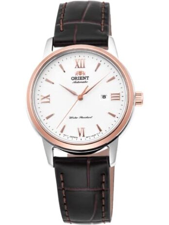 Orient「Symphony IV-S」レディース日本製自動巻き/手巻きドレスウォッチ, ホワイト/ローズゴールド, レザーストラップ。