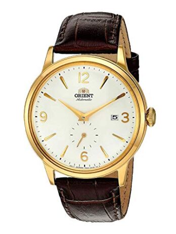 Orient メンズ “Bambino Small Seconds” 日本製自動巻き腕時計 レザーストラップ, 21mm ホワイト / ゴールド