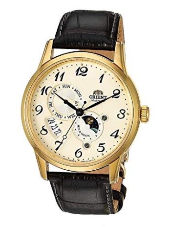 Orient メンズ 「太陽と月バージョン4」 日本製自動巻きステンレススチール腕時計, ゴールド
