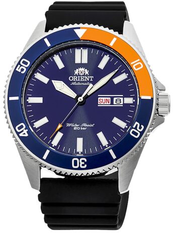 Orient”Kanno”日本製自動巻き/手巻きダイバースタイル腕時計。, ブルー/オレンジ(ラバーストラップ)。, ラバーストラップ。
