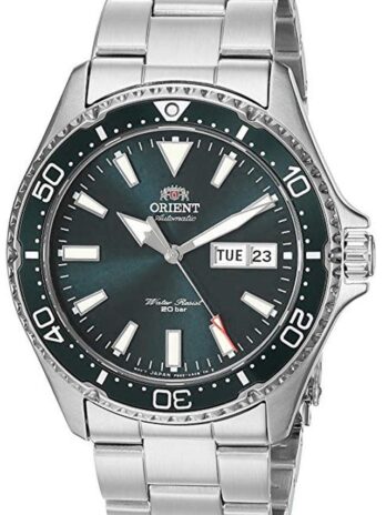 Orient メンズ Kamasu ステンレススチール 日本製自動ダイビングウォッチ, Green – Metal Bracelet, ダイビングウォッチ。