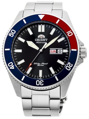 Orient”Kanno”日本製自動巻き/手巻きダイバースタイル腕時計。, ブラック/レッド&ブルー。, ステンレススチールブレスレット。