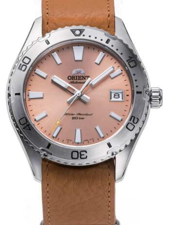 ORIENT 日本製自動巻き/後巻き40mmダイバースタイル腕時計 サファイアクリスタル付き, アプリコット, 日本語
