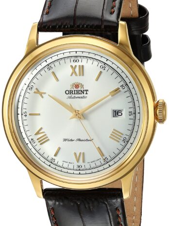 Orient メンズ ‘第2世代 バンビーノ Ver.2’ 日本製自動巻き ステンレススチールとレザー ドレスウォッチ, ホワイトダイヤル（ゴールドトーンケース）。, クラシック