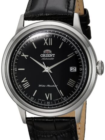 Orient メンズ 「第2世代バンビーノ Ver.2」 日本製自動巻き ステンレススチール レザー ドレスウォッチ, ブラックダイヤル。, 自動巻き腕時計。