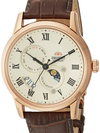 Orient メンズ ‘Sun and Moon Version 3’ 日本製自動巻き/手巻き腕時計 サファイアクリスタル付き, ブラウン,