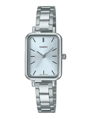 Casio LTP-V009D-2E レディース 長方形 プチステンレススチール ブルーダイヤル ドレスウォッチ, ブラック, カジュアル。