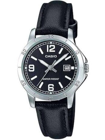Casio LTP-V004L-1B Women’s Black Leather Band Black Dial Date Analog Dress Watch