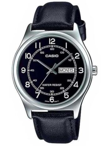 Casio MTP-V006L-1B2 Men’s Black Leather Band Black Numbers Dial Day Date Analog Dress Watch