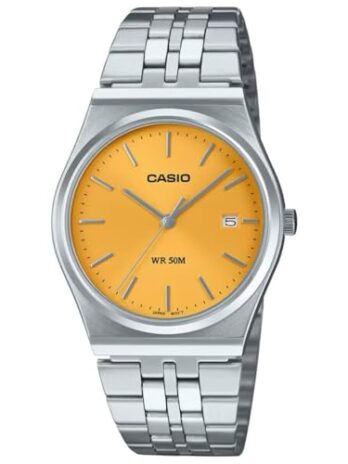 Casio メンズ アナログ クォーツ 腕時計 ステンレススチールベルト MTP-B145D-9AVEF, イエロー, ミニマリスト