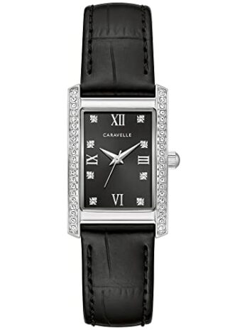 Caravelle by Bulova レディース クラシック クリスタル 3針 クォーツ 腕時計、ローマ数字マーカー、長方形ケース、カーブミネラルクリスタル, ゴールドトーン, ドレスクリスタル。