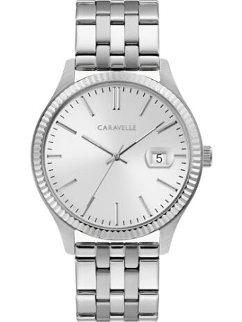 Caravelle by Bulova メンズドレス 3針日付クォーツウォッチ ステンレススチール コインエッジベゼル 41mm, シルバー, ドレス