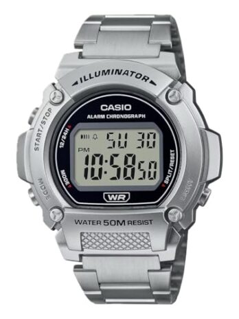 Casio W219HDシリーズ | メンズデジタルウォッチ | シルバー/シルバー | 50M WR | LEDイルミネーター | 100 SECクロノグラフ | 1/100 SECストップウォッチ | デイリーアラーム | 毎時時報 | オートカレンダー | 7年バッテリー, シルバー/シルバー, W-219HD-1A。