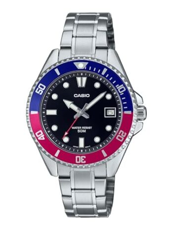 カシオ MDV10D-1A3V ユニ ダイブ風 38mm ステンレススチール ブラックダイヤル スポーツウォッチ (レッド/ブルー), ブラック, クラシック