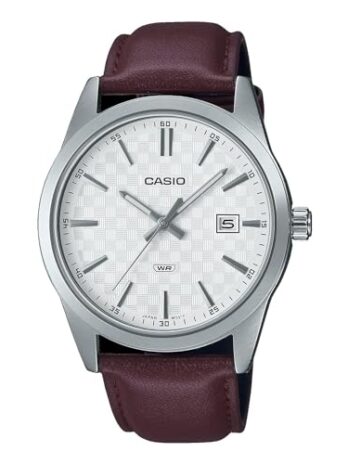 Casio MTP-VD03L-5A メンズ スタンダード ブラウンレザーバンド ホワイトダイヤル 3針アナログウォッチ ホワイト, ホワイト, 日本製。