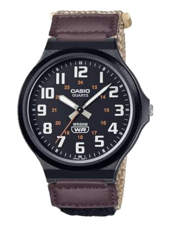 Casio MW240シリーズ | メンズクォーツウォッチ | ブラック/ブラウン | 50M WR | 大型樹脂ケース | 樹脂ガラス | ベルクロストラップ | 大きなアラビア数字 | アナログウォッチ | 見やすいディスプレイ | 3年間のバッテリー, ブラック/ブラウン, MW-240-5B。