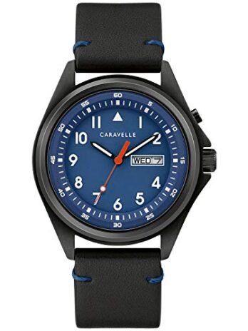 Caravelle by Bulova メンズ トラディショナル 3針 曜日と日付 クォーツウォッチ ライトアップ ステンレススチール 40mm, ブラックレザーストラップ/ブラック/ブルーダイヤル, ブルーダイヤル/ブラックレザーストラップ