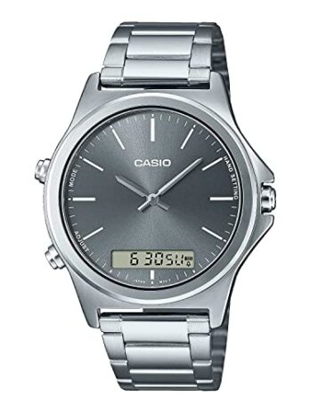 Casio MTP-VC01D-8E メンズ ステンレススチール グレーダイヤル アナログ デジタル デュアルタイムゾーン 腕時計, カジュアル。