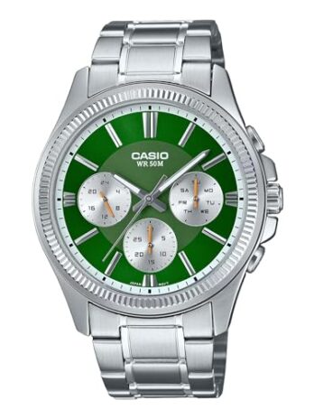 Casio MTP1375D-3AV メンズ ステンレススチール 溝付きベゼル 多機能 グリーンダイヤルウォッチ ブルー, ブルー, モダン