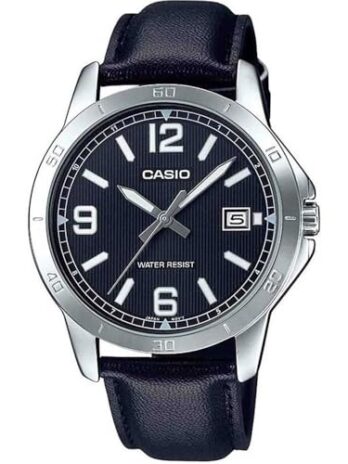 Casio MTP-V004L-1B Men’s Stainless Steel Black Leather Band Black Dial Date Watch