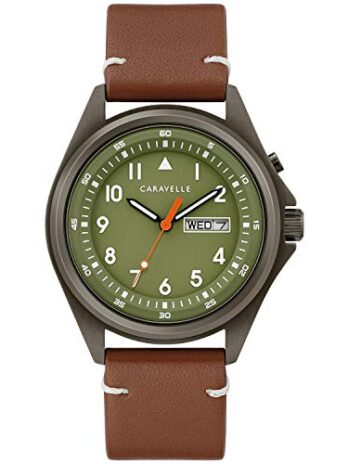 Caravelle トラディショナルクォーツ メンズ ステンレススチール ブラウンレザーストラップライトアップ グレー (モデル:45C119)