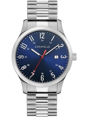 Caravelle by Bulova メンズ ドレス 3針 日付 クォーツウォッチ ステンレススチール コインエッジベゼル 41mm, シルバー/ブルーの文字盤。, ドレス