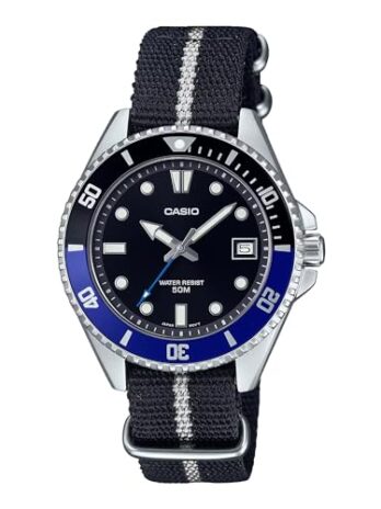 カシオ MDV10C-1A2V ユニ ダイブインスパイアード 38mm ファブリック スリップスルーバンド ブラックダイヤル スポーツウォッチ, ブラック, カジュアルスポーツ