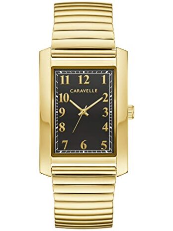 Caravelle by Bulova メンズクラシックドレス3針クォーツ拡張バンドウォッチ、長方形ケース、カーブミネラルクリスタル, ゴールドトーン/ブラックダイヤル。, ドレス