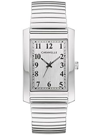 Caravelle by Bulova メンズ クラシックドレス 3針 クォーツ 拡張バンド 腕時計 長方形ケース カーブミネラルクリスタル, ステンレススチール/シルバー。, ドレス