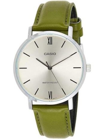 Casio MTP-VT01L-3B Men’s Minimalistic Silver Dial Green Leather Band Analog Watch