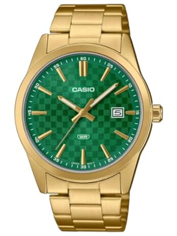 カシオ メンズウォッチ – MTP-VD02B-1EUDF ブラックダイヤル, ゴールド/グリーン。, ブレスレット