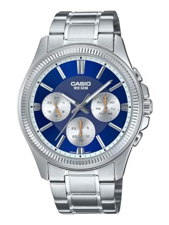 Casio MTP1375D-2A1V メンズ ステンレススチール 溝付きベゼル 多機能 ブルーダイヤルウォッチ ブルー, ブルー