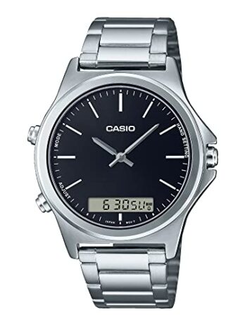 Casio MTP-VC01D-1E メンズ ステンレススチール ブラックダイヤル アナログ デジタル デュアルタイムゾーン 腕時計, ブラック, ミニマリスト