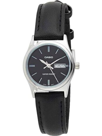 Casio LTP-V006L-1B2 Women’s Black Leather Band Black Dial Day Date Analog Dress Watch