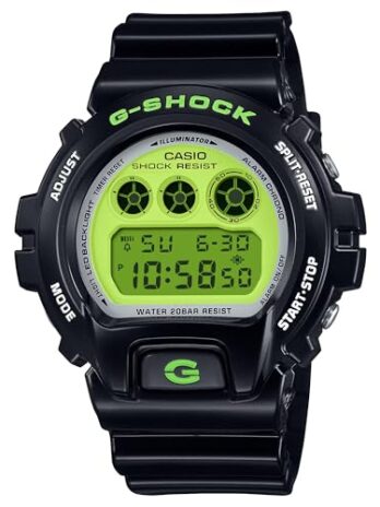 G-Shock Casio 6900シリーズ デジタルレトロブラックとライムグリーン樹脂腕時計 53.2mm – DW6900RCS-1, ブラック