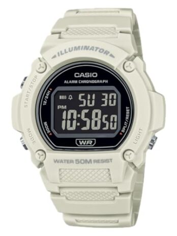 Casio W219HCシリーズ | メンズデジタルウォッチ | ホワイト/ブラック | 50M WR | LEDイルミネーター | 100 SECクロノグラフ | 1/100 SECストップウォッチ | デイリーアラーム | 毎時時報 | オートカレンダー | 7年バッテリー, ホワイト/ブラック, W219HC-8BV。