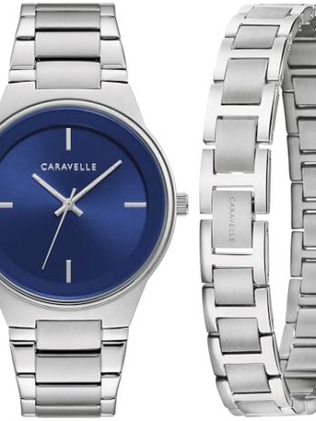 Caravelle by Bulova メンズ モダン ステンレススチール 3針 クォーツ時計とブレスレットボックスセット、40mm スタイル:43K101, シルバートーン, モダンなボックスセット。