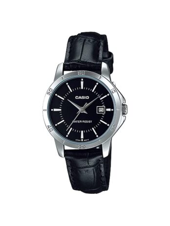 Casio LTP-V004L-1A レディース シルバートーン レザーバンド ブラックダイヤル 日付 ドレスウォッチ, クォーツムーブメント。