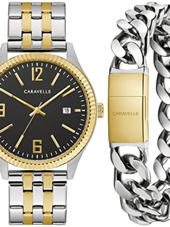 Caravelle by Bulova メンズ クラシック ツートーン ステンレススチール 3針 日付 腕時計とブレスレットボックスセット、41mm スタイル:45K000、ツートーン、クラシックドレスボックスセット, ツートーン。, クラシックなドレスボックスセット。